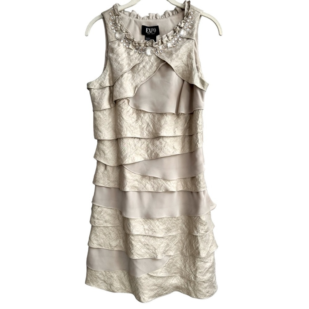 EXPO Beige Jewel Neck Tiered Ruffle Cocktail Party Dress Size 10 Y2K Formal …